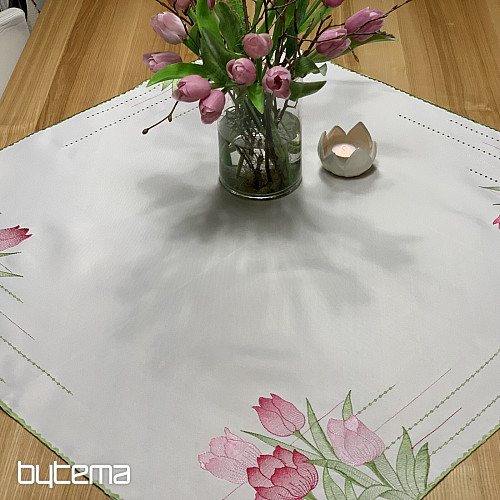 Tovaglia e sciarpa ricamate Tulipani rosa
