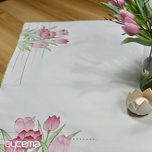 Tovaglia e sciarpa ricamate Tulipani rosa