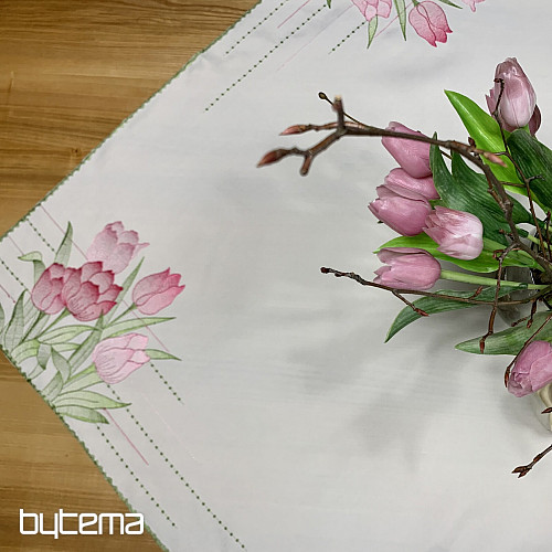 Tovaglia e sciarpa ricamate Tulipani rosa