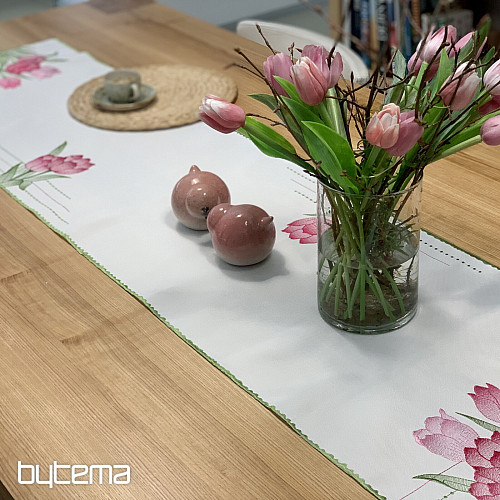 Tovaglia e sciarpa ricamate Tulipani rosa