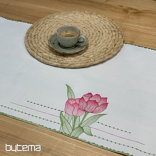 Tovaglia e sciarpa ricamate Tulipani rosa