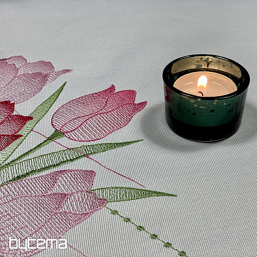 Tovaglia e sciarpa ricamate Tulipani rosa