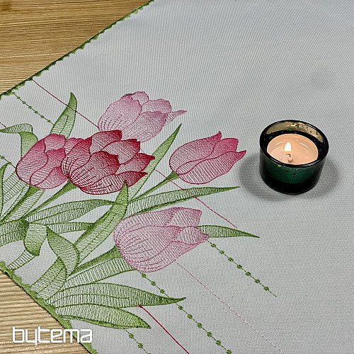 Tovaglia e sciarpa ricamate Tulipani rosa
