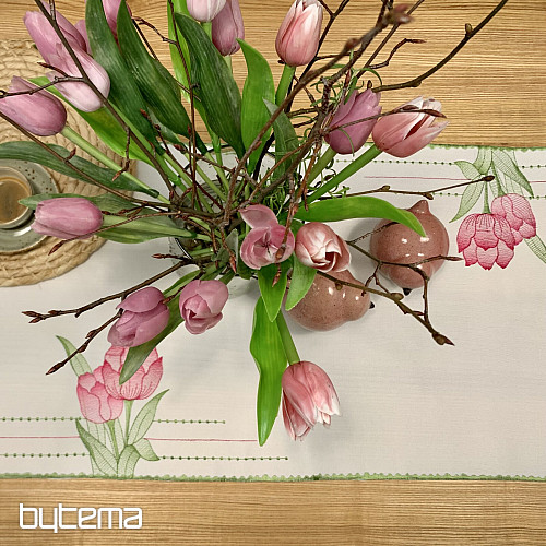 Tovaglia e sciarpa ricamate Tulipani rosa