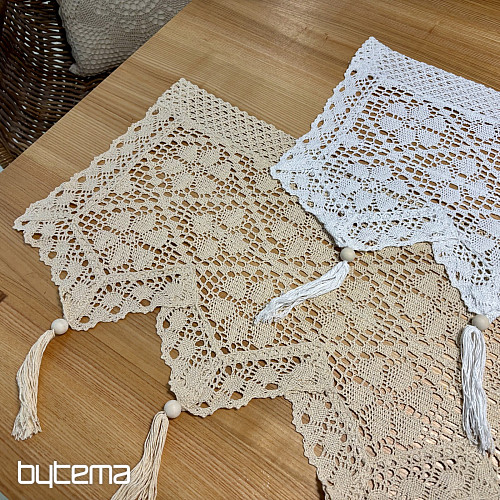 Tenda in vetro colorato rifinita, pizzo all'uncinetto beige