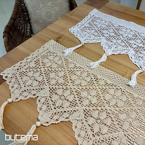 Tenda in vetro colorato rifinita, pizzo all'uncinetto beige