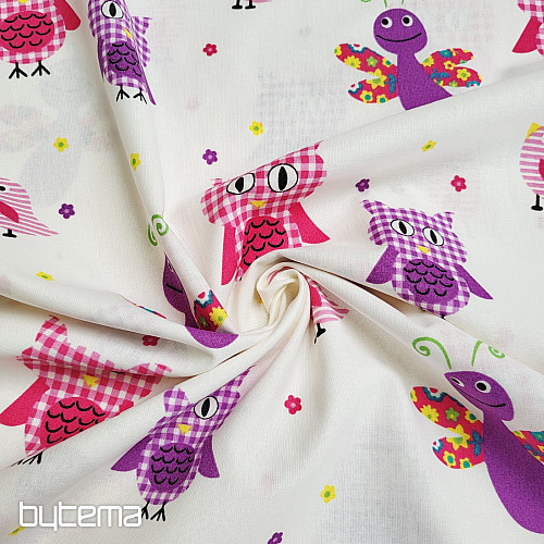 Tessuto decorativo per bambini GUFI E FARFALLE VIOLA