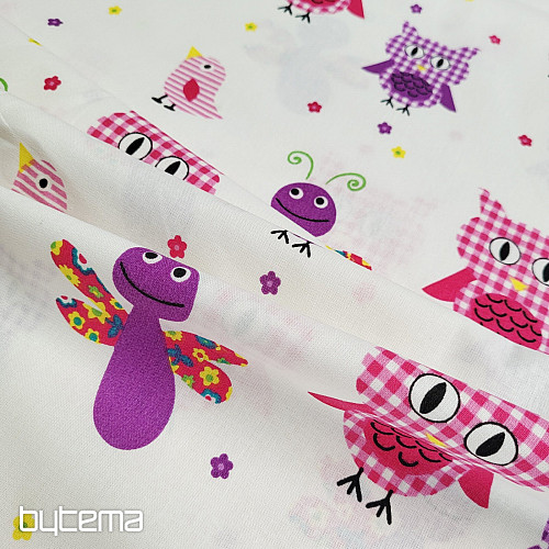 Tessuto decorativo per bambini GUFI E FARFALLE VIOLA