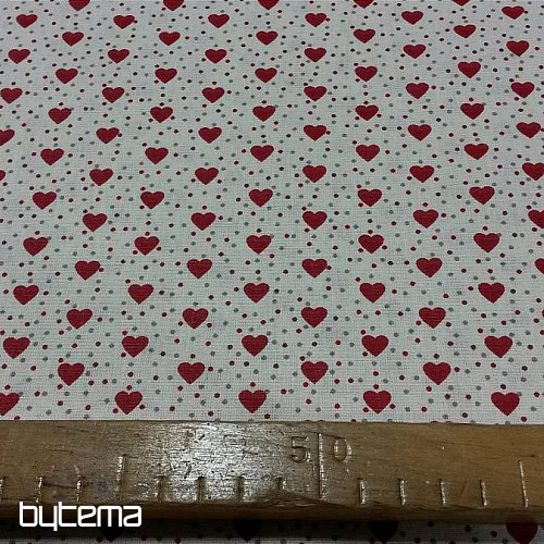 Tessuto in cotone MINI HEART 01 panna, cuore rosso