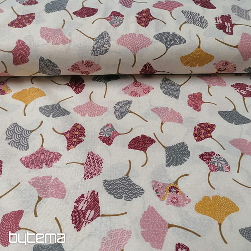 Tessuto di cotone GINKO foglie panna