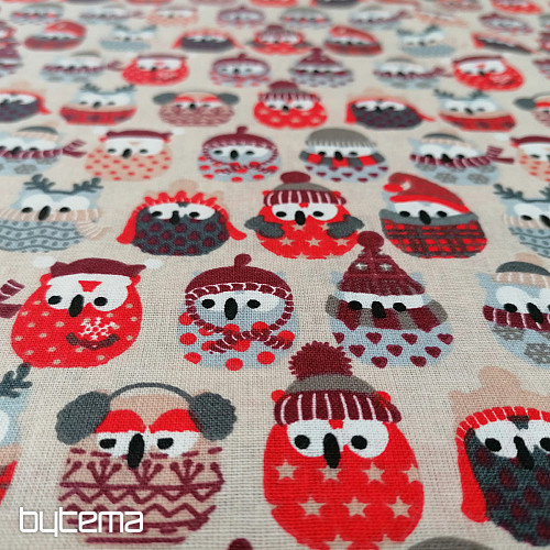 Tessuto in cotone GUFI IN INVERNO rosso
