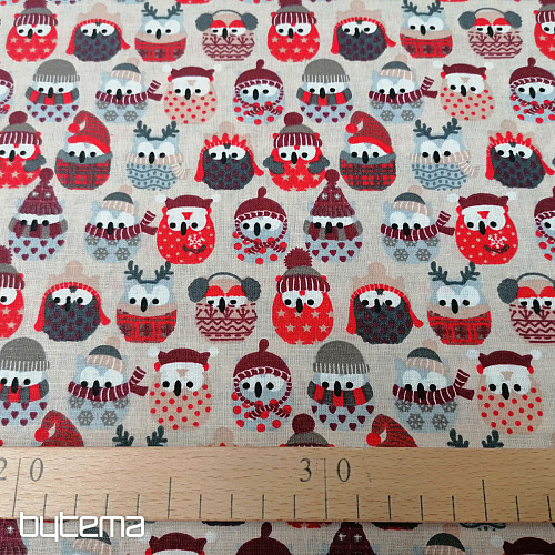 Tessuto in cotone GUFI IN INVERNO rosso