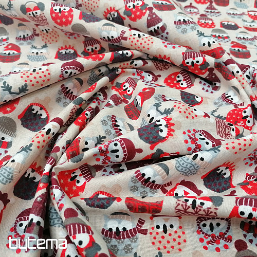 Tessuto in cotone GUFI IN INVERNO rosso
