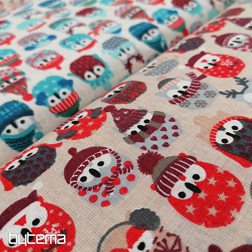 Tessuto in cotone GUFI IN INVERNO rosso