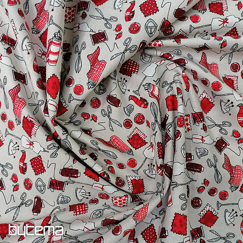 Tessuto in cotone LABORATORIO DI CUCITO rosso