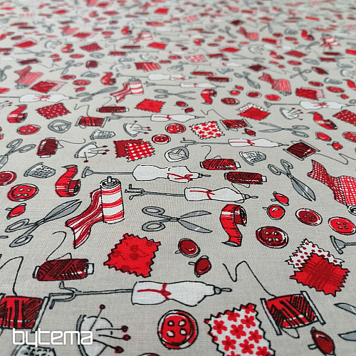 Tessuto in cotone LABORATORIO DI CUCITO rosso