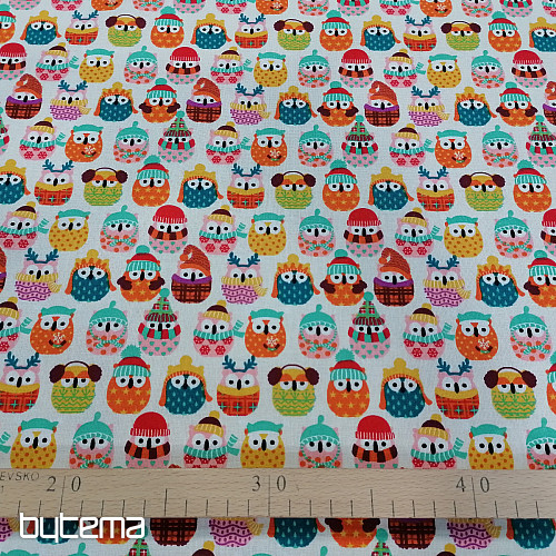 Tessuto di cotone colorato GUFI IN INVERNO