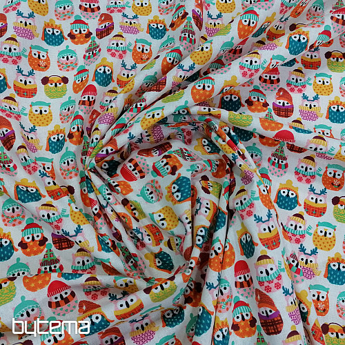 Tessuto di cotone colorato GUFI IN INVERNO