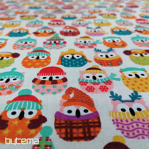 Tessuto di cotone colorato GUFI IN INVERNO