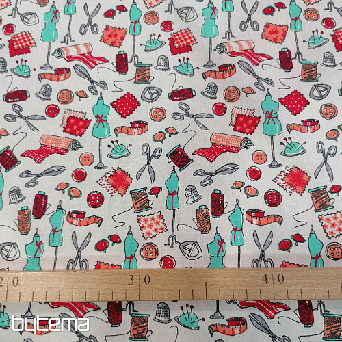 Tessuto di cotone LABORATORIO DI CUCITO turchese-rosso