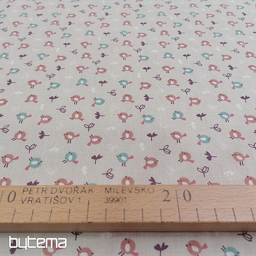 Tessuto di cotone MIOU uccelli beige