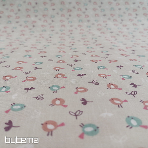 Tessuto di cotone MIOU uccelli beige
