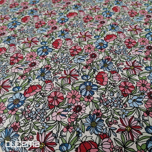Tessuto di cotone Apoléna fiori rosa-blu